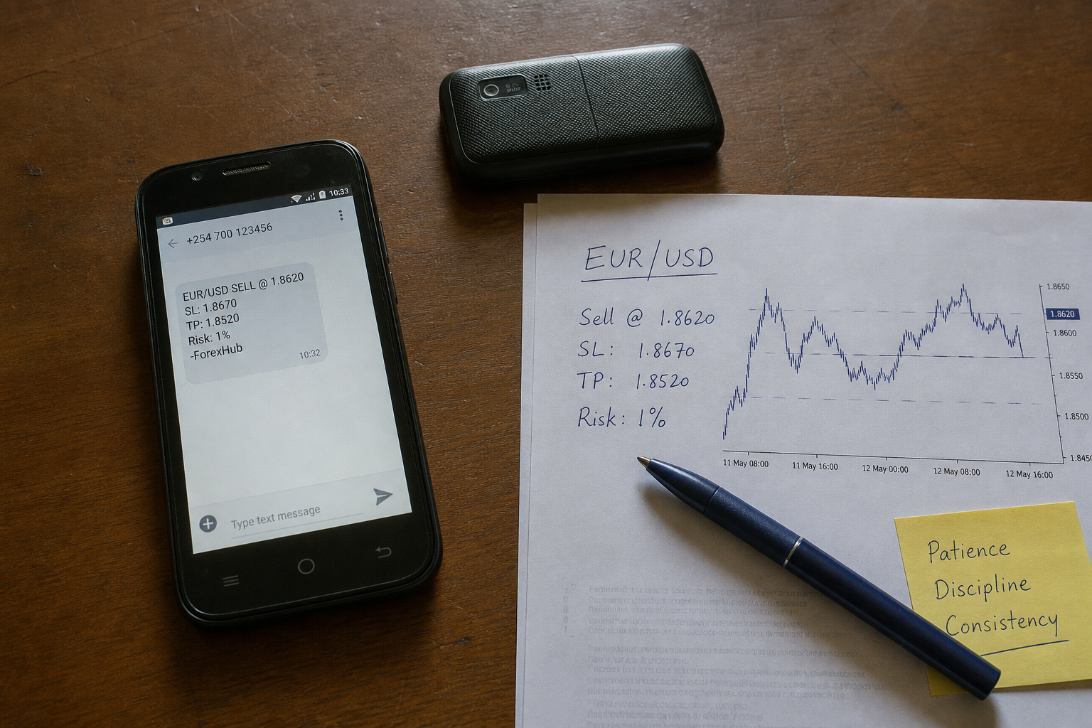 A notebook, chart and phone used for forex signals