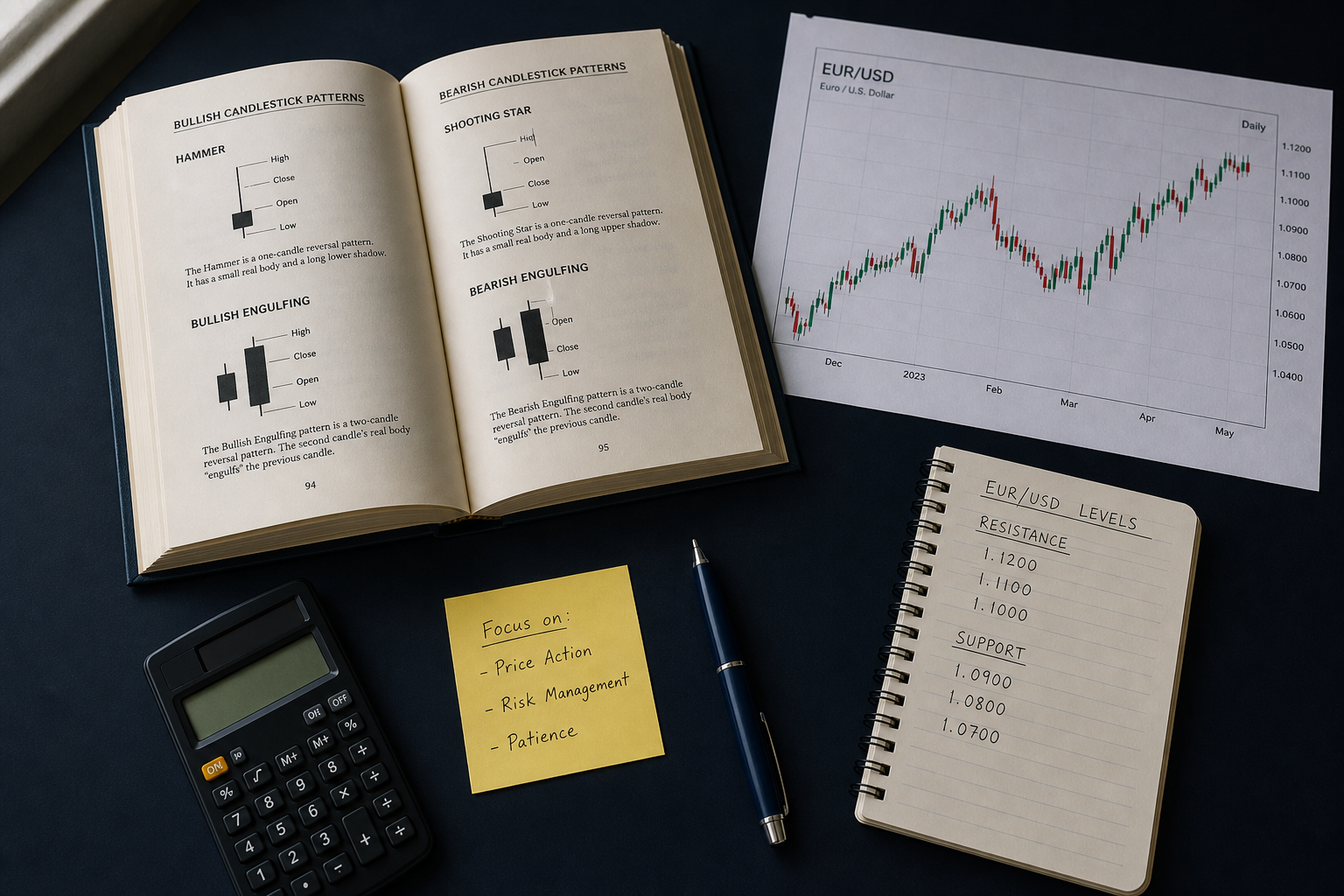Forex charts, books and notes used for market study