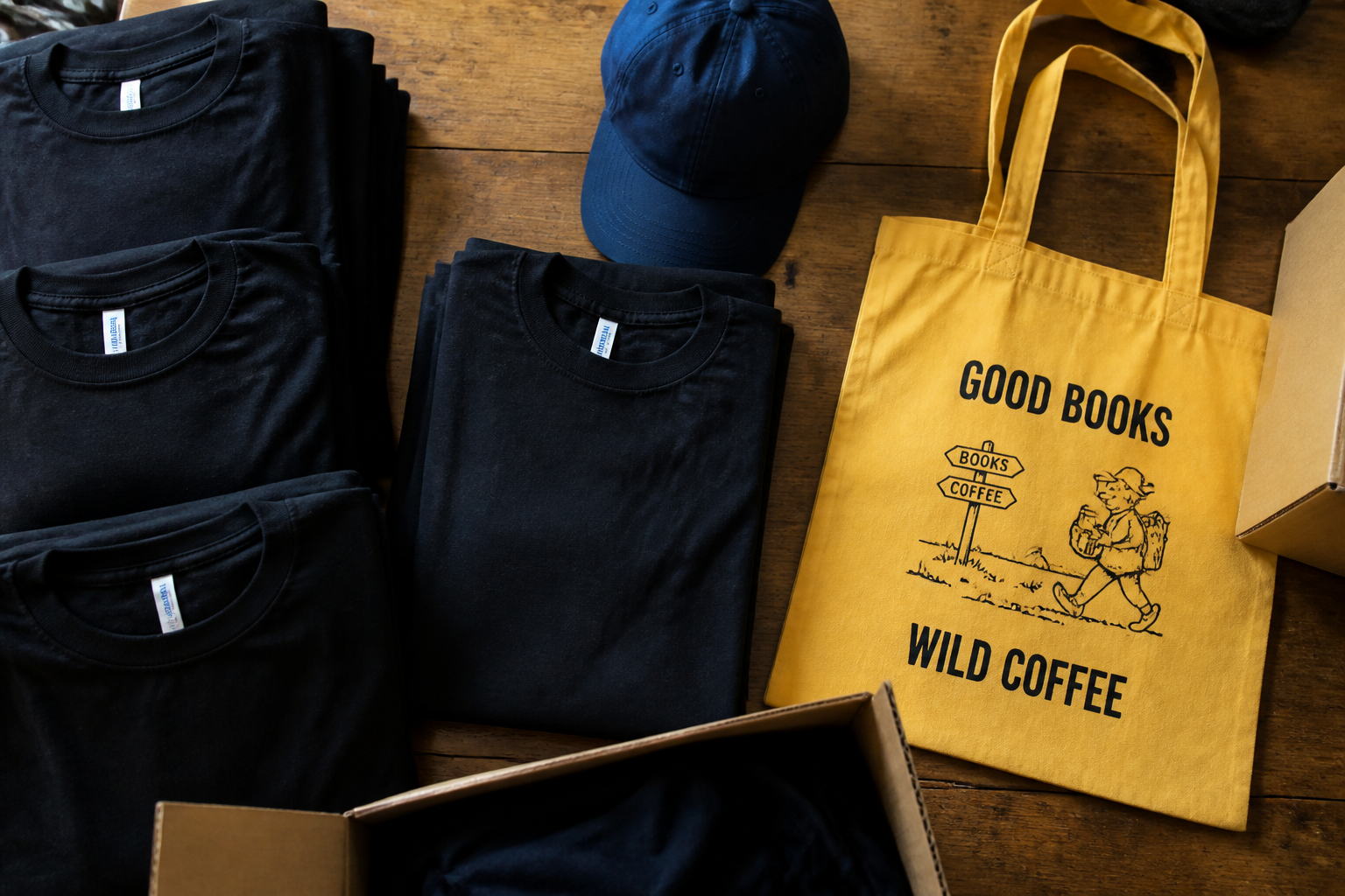 Hustle Is Practical merchandise laid out on a table